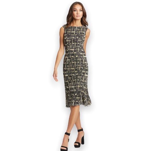 NWT IEENA Mac Duggal Dress 6 Black Gold Metallic Pleated Cocktail Glam Y2K